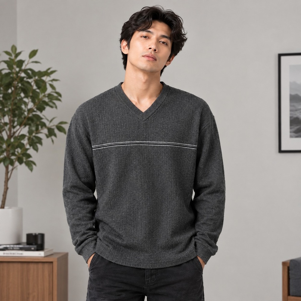Van Heusen Shirt Mens Long Sleeve Gray V-Neck Casual Ribbed Pullover M Stretwear